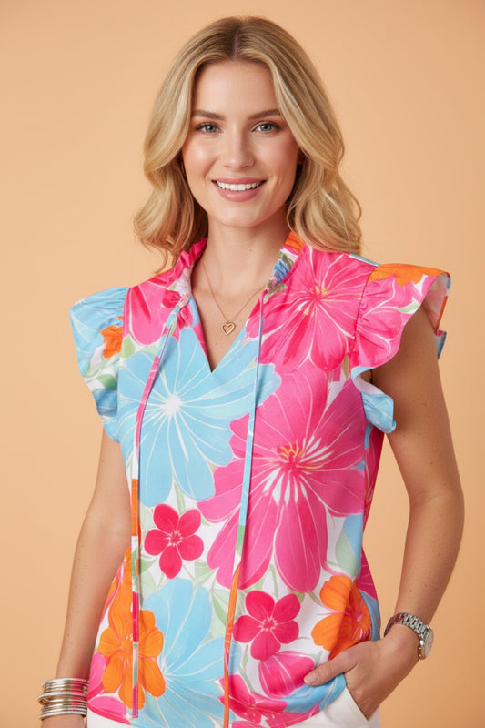 Floral Ruffle Tied V-Neck Flutter Sleeve Blouse