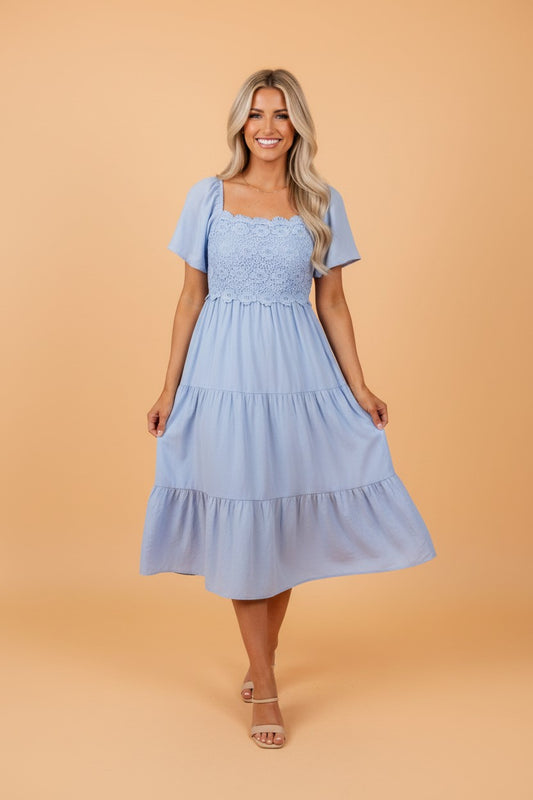 Lace Square Neck Ruffle Tiered Midi Dress