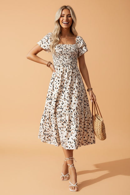 Leopard Smocked Square Neck Ruffle Sleeve Dress