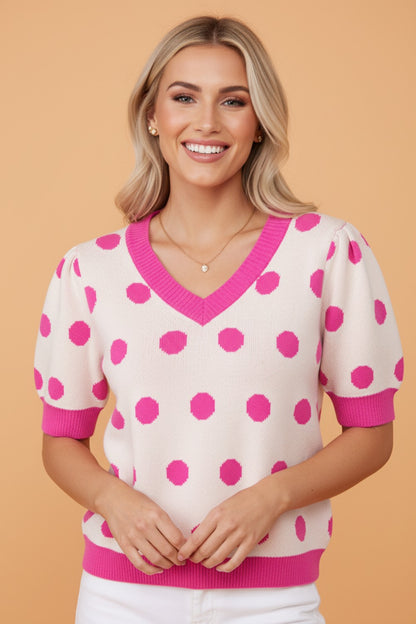 Polka Dot Puff Short Sleeve Sweater Top