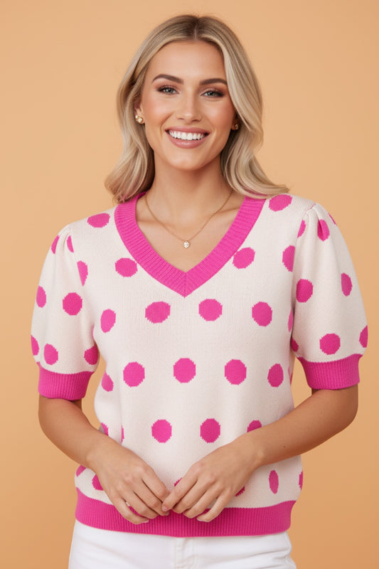 Polka Dot Puff Short Sleeve Sweater Top
