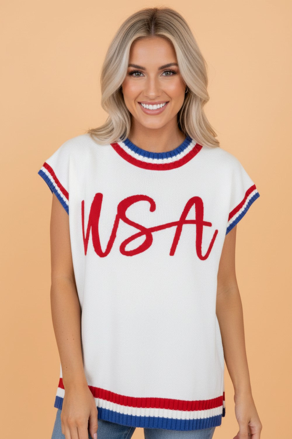 USA Stripe Contrast Trim Short Sleeve Sweater