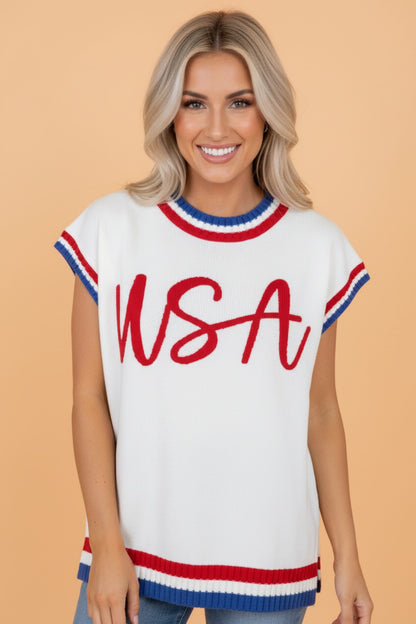 USA Stripe Contrast Trim Short Sleeve Sweater