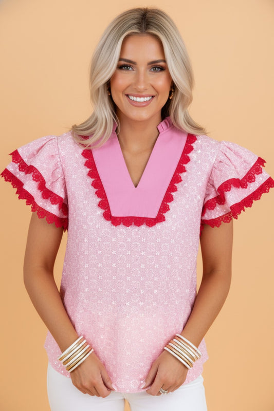 Flower Eyelet Embroidered Lace Flutter Sleeve Blouse