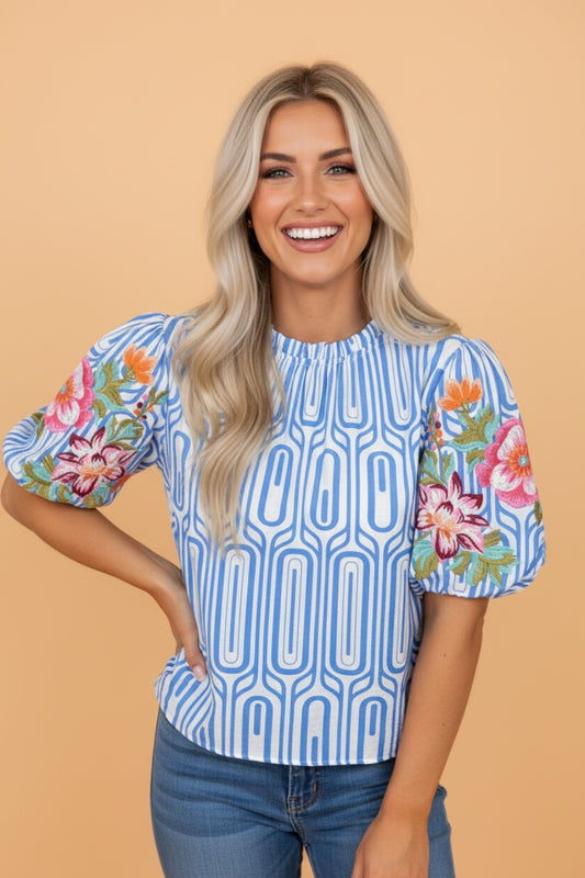 Floral Embroidered Puff Sleeve Blouse