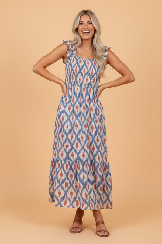 Boho Geometric Smocked Square Neck Ruffle Dress