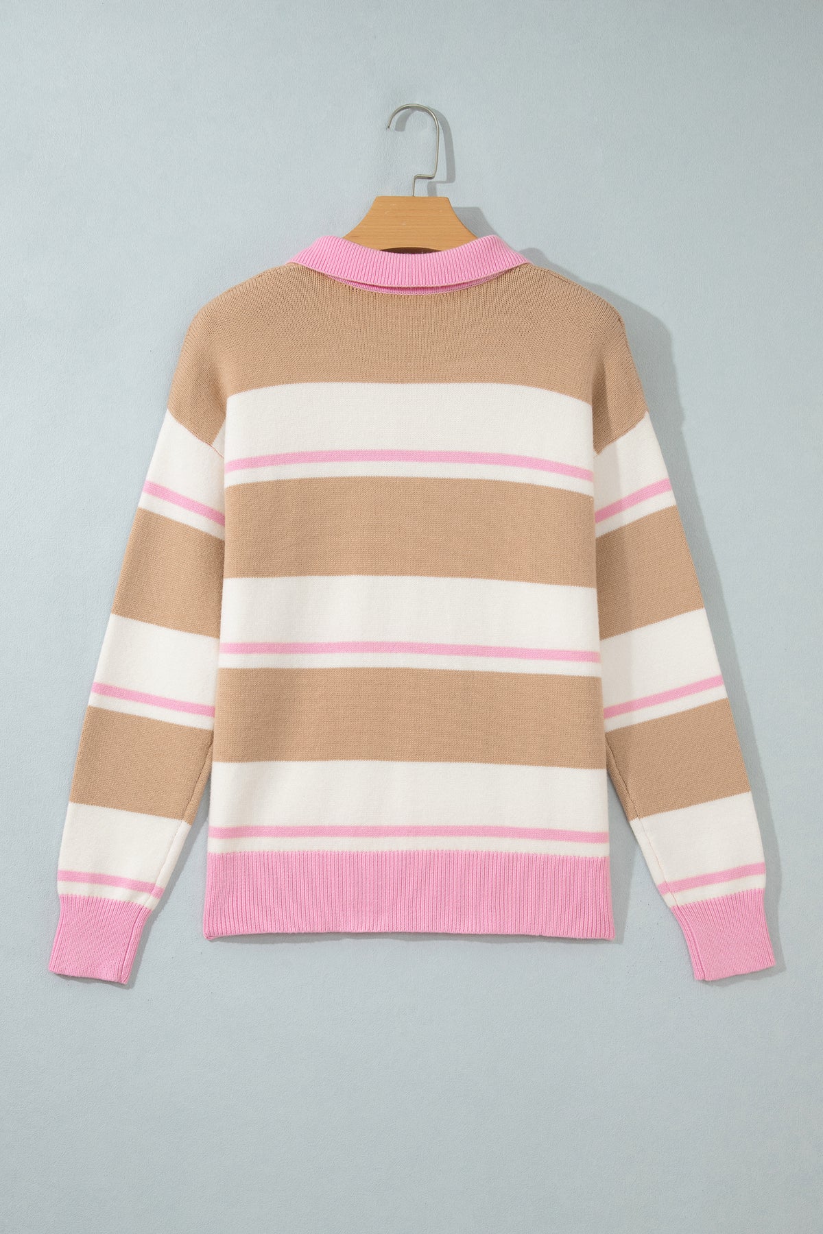 Stripe Colorblock Buttoned Collar Drop Shoulder Sweater