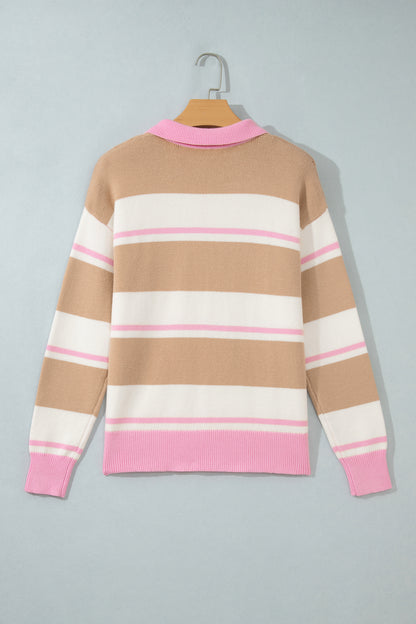 Stripe Colorblock Buttoned Collar Drop Shoulder Sweater
