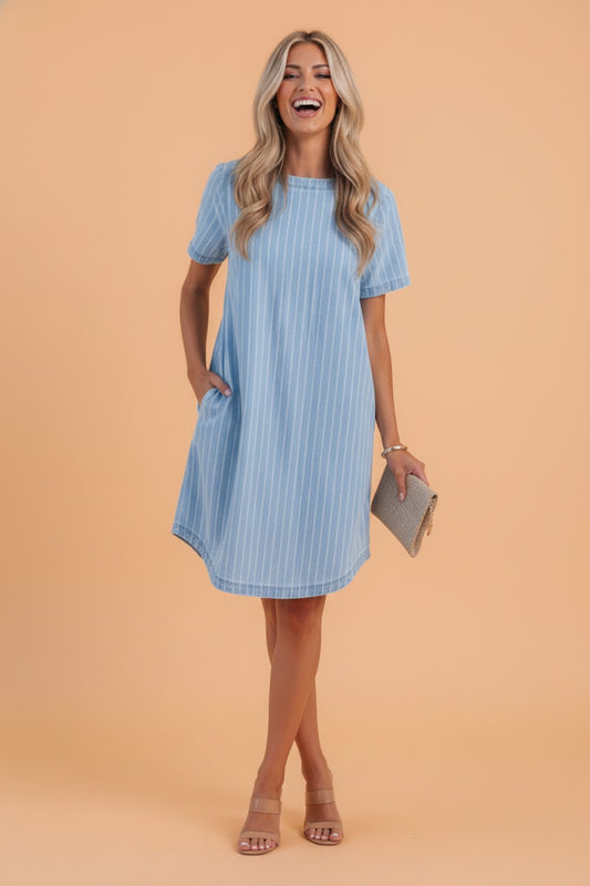 Stripe Denim Buttoned Back Mini T-Shirt Dress