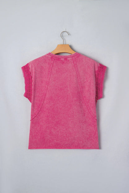 Mineral Wash Raw Seam Lace Cap Sleeve Top