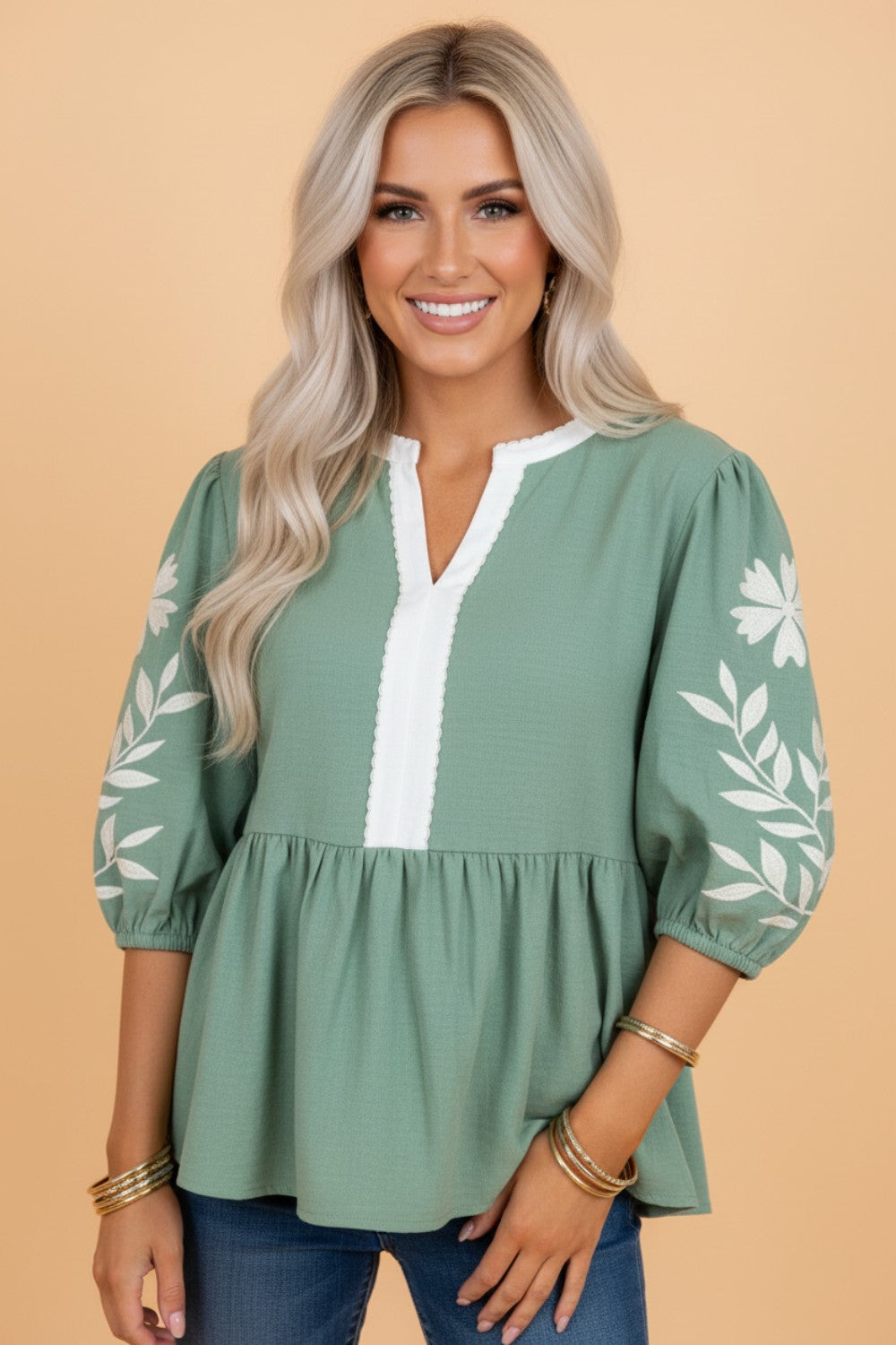 Floral Embroidered Colorblock Puff Sleeve Babydoll Blouse