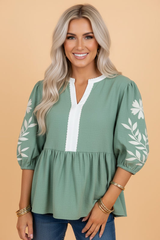 Floral Embroidered Colorblock Puff Sleeve Babydoll Blouse