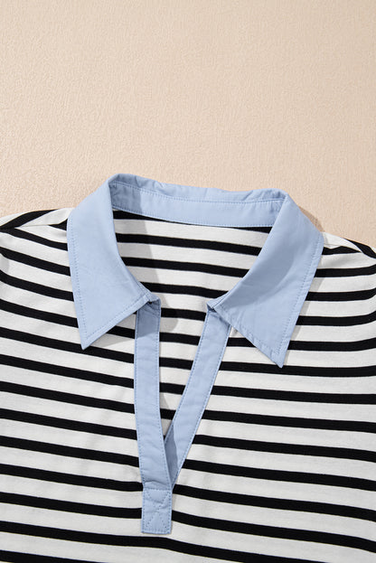 Stripe Patchwork V-Neck Collared Mini Dress