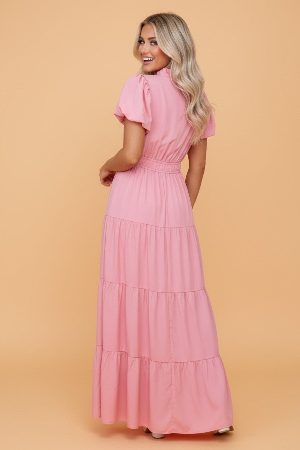 Solid V-Neck Short Puff Sleeve Tiered Maxi Dress