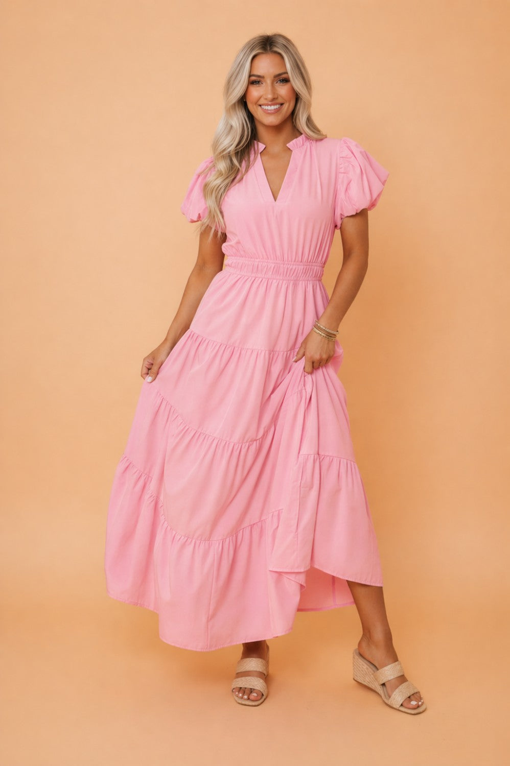 Solid V-Neck Short Puff Sleeve Tiered Maxi Dress