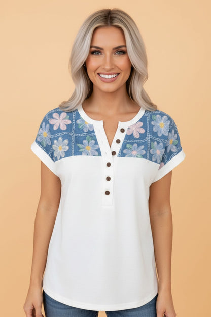 Floral Patchwork Short Sleeve Henley Blouse