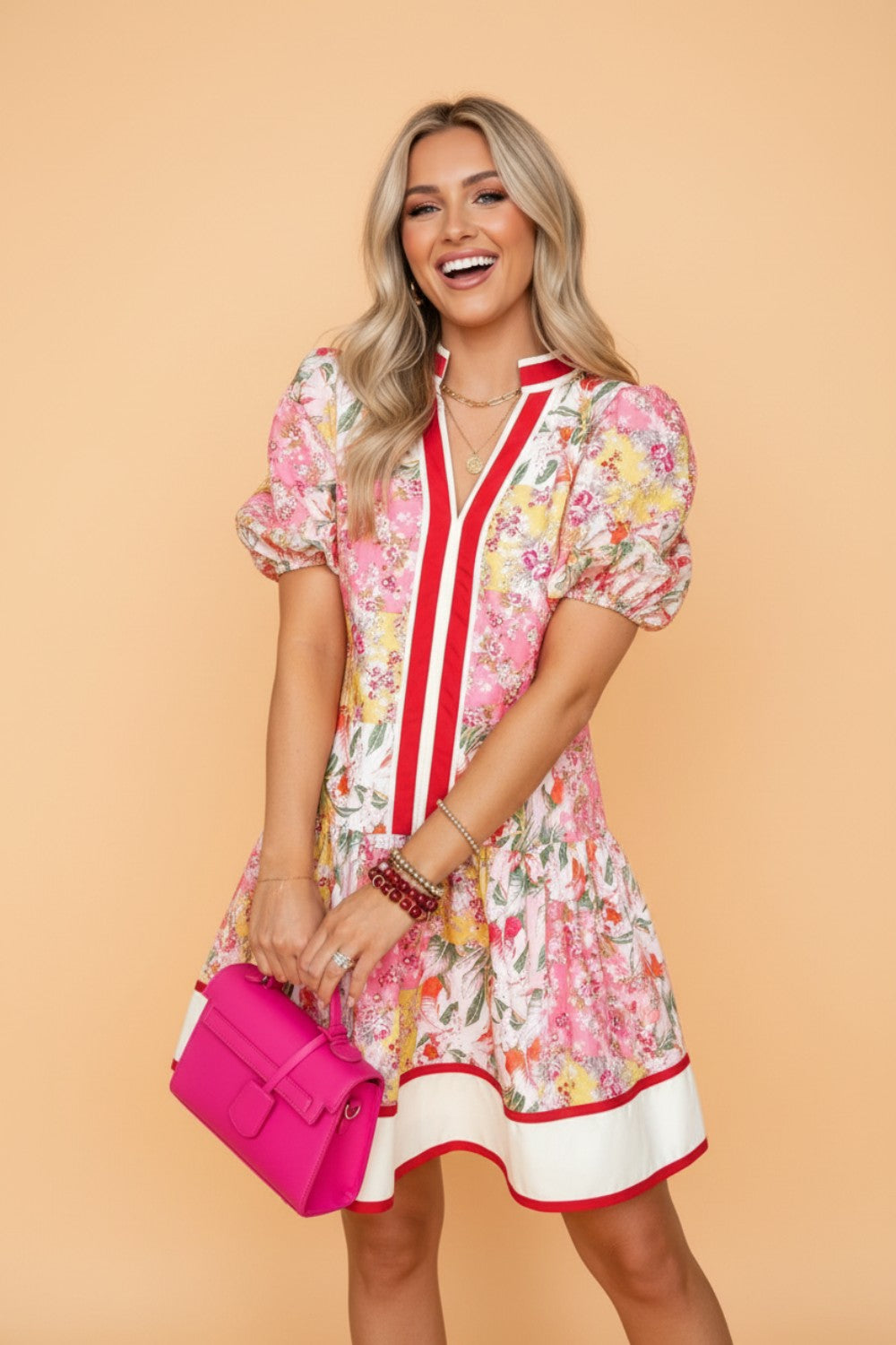 Floral Colorblock Trim V-Neck Ruffle Mini Dress – Pretty Bash