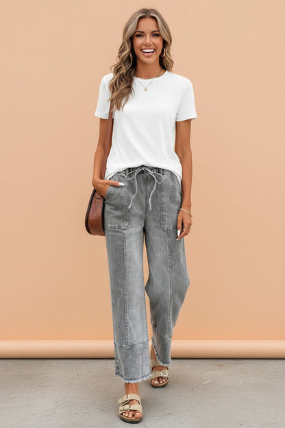 Denim Raw Hem Drawstring Wide Leg Pants