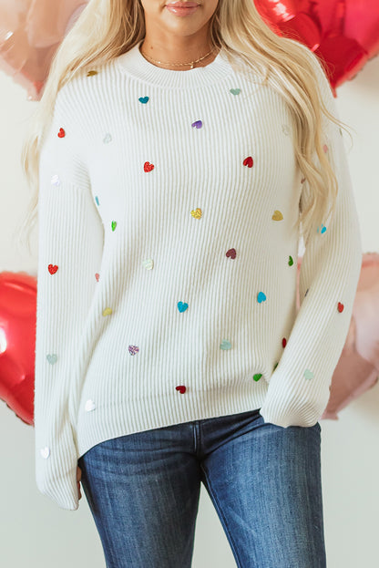 Sequin Heart Waffle Knit Sweater