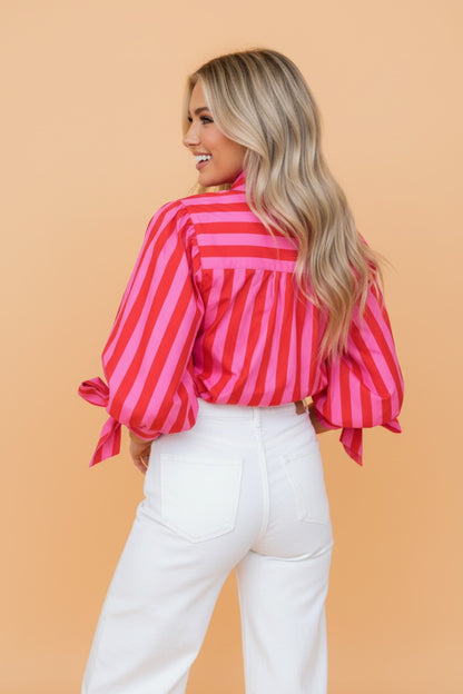 Stripe Tie Puff Sleeve Button Down Shirt