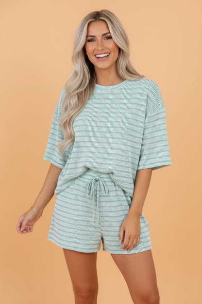 Stripe Corded Knit Tee & Drawstring Short Set