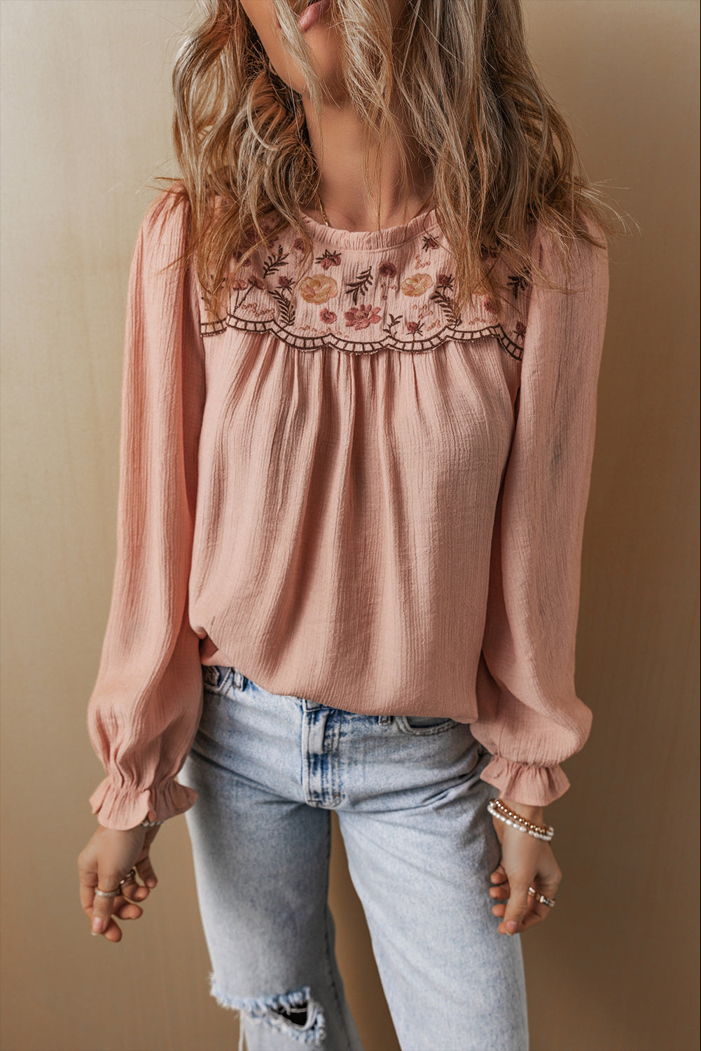 Floral Embroidered Flounce Sleeve Blouse