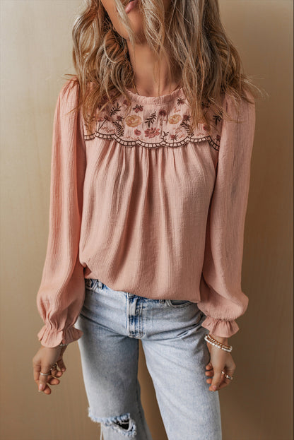 Floral Embroidered Flounce Sleeve Blouse