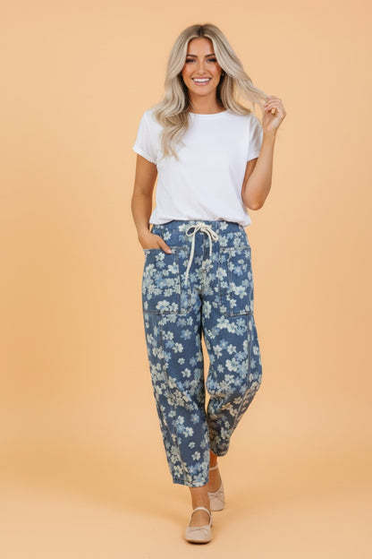 Floral Denim Drawstring Barrel Leg Jeans