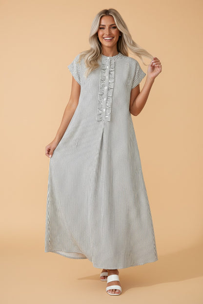 Stripe Frilled Half Buttoned Maxi Dress