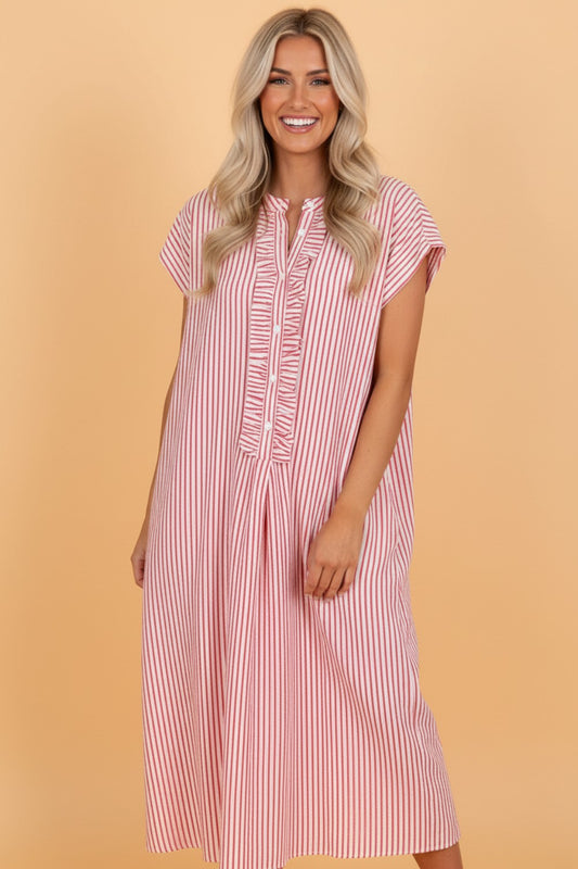 Stripe Frilled Half Buttoned Maxi Dress