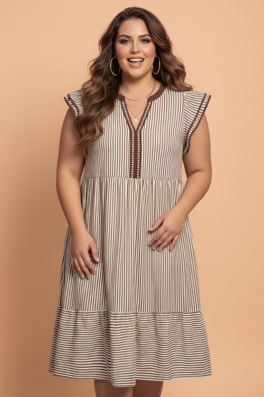 Plus Size Stripe Flutter Sleeve V-Neck Maxi Dress