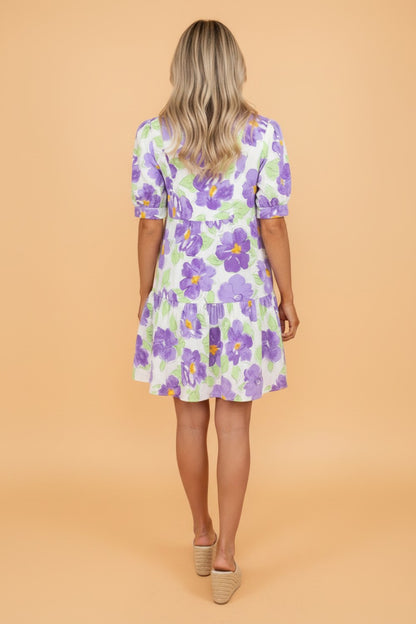 Floral Collared V-Neck Tiered Ruffle Mini Dress