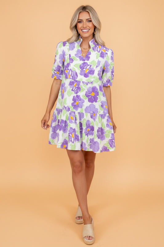 Floral Collared V-Neck Tiered Ruffle Mini Dress