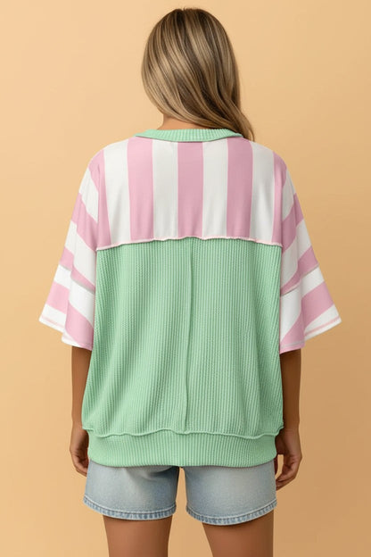 Stripe Exposed Seam Ribbed Patchwork Oversized Tee