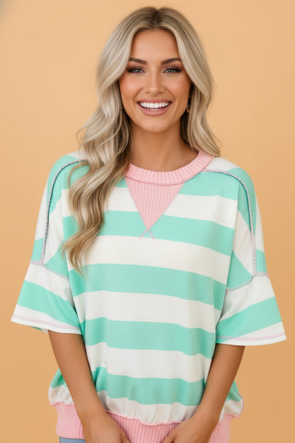 Stripe Exposed Seam Ribbed Patchwork Oversized Tee