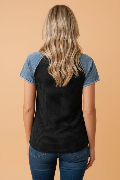 Colorblock Waffle Knit Patchwork Short Sleeve Top