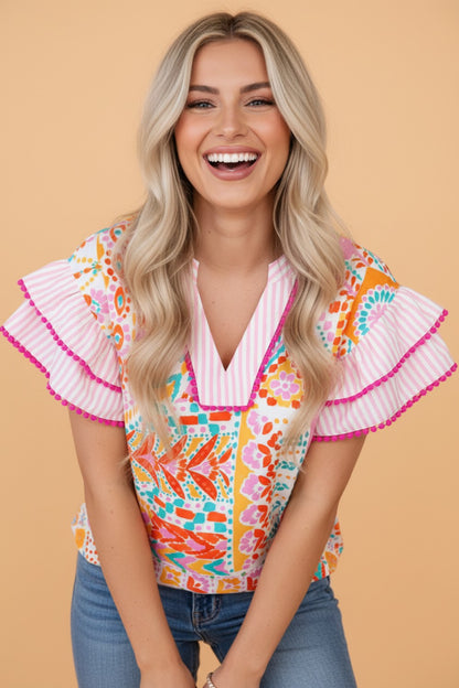 Boho Contrast Trim Patchwork Tiered Short Sleeve Blouse