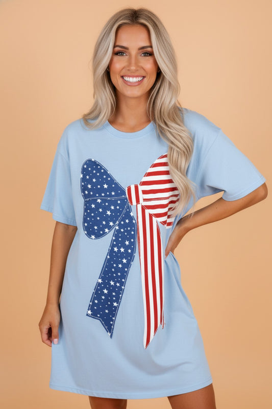 Patriotic Flag Bow Patchwork Mini T-Shirt Dress