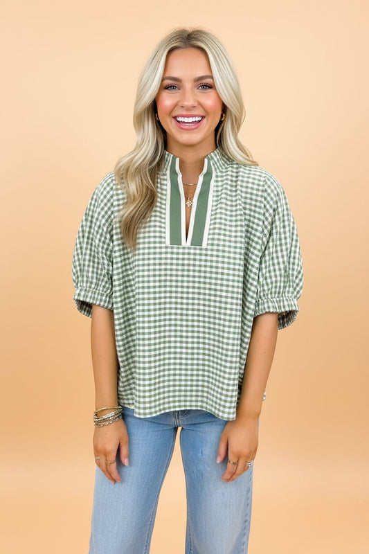 Gingham Plaid Colorblock Trim Split Neck Blouse