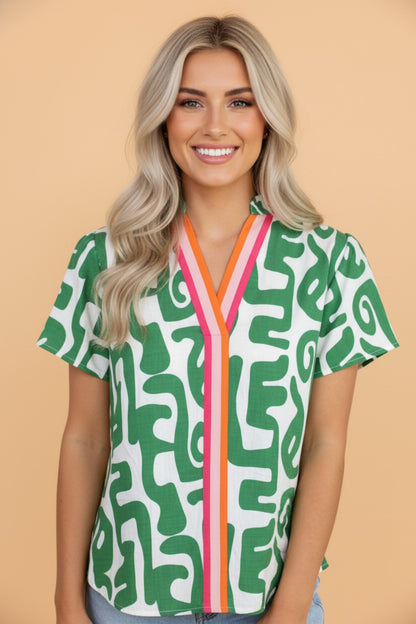 Abstract Stripe Trim V-Neck Short Sleeve Blouse