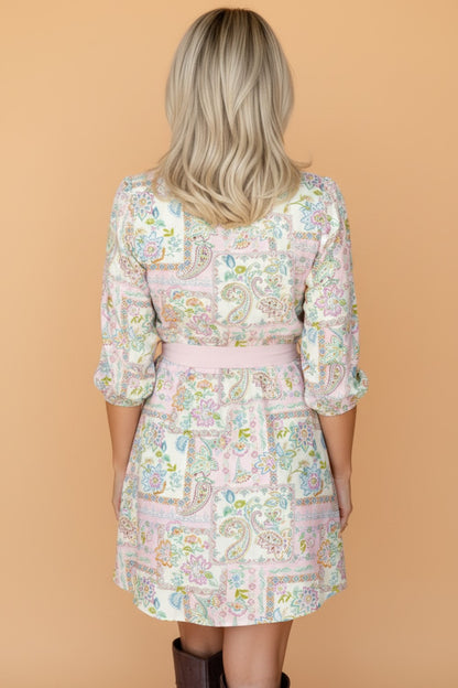 Boho Floral Colorblock 3/4 Sleeve Belted Mini Dress