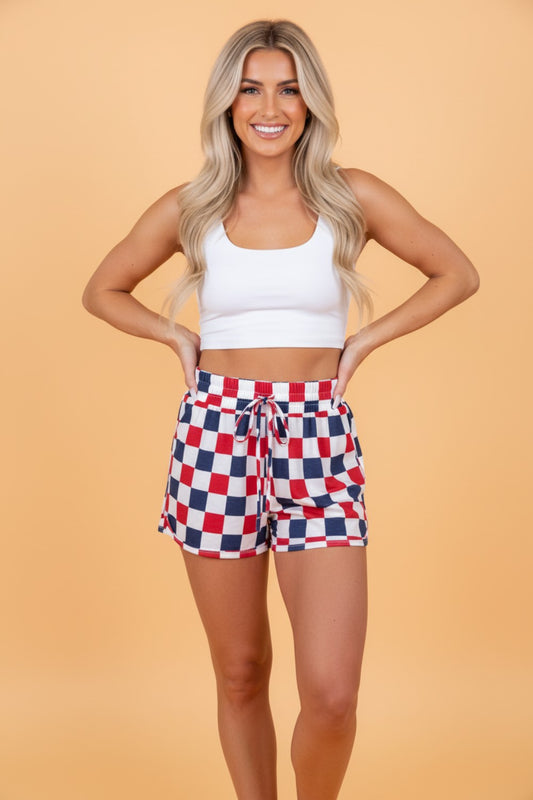 4th of July Checker High Waist Shorts