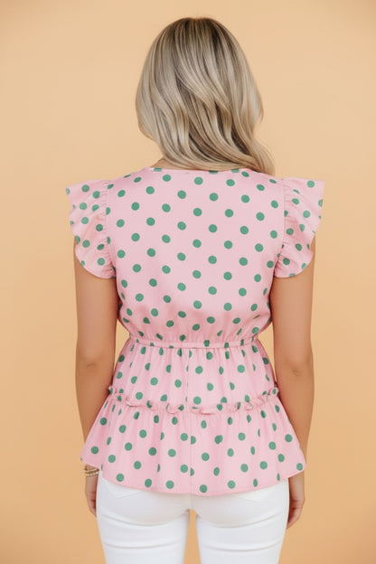 Polka Dot V-Neck Ruffle Tiered Babydoll Blouse