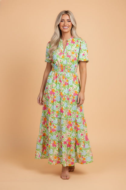 Floral V-Neck Short Puff Sleeve Maxi Dress