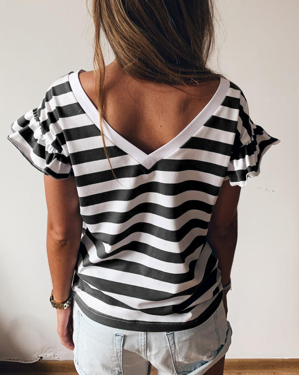 Stripe Ruffle Sleeve V-Neck Top