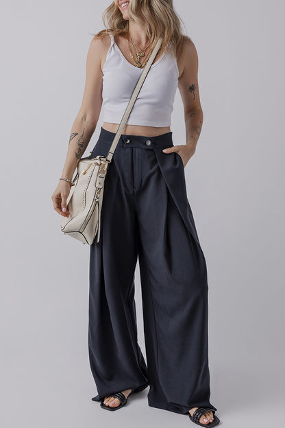 Pleated Wide Leg Buttoned Pants