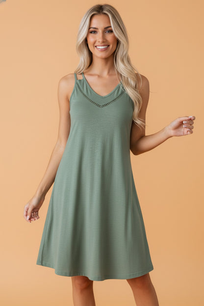 Solid Lace Trim V-Neck Sleeveless Mini Dress