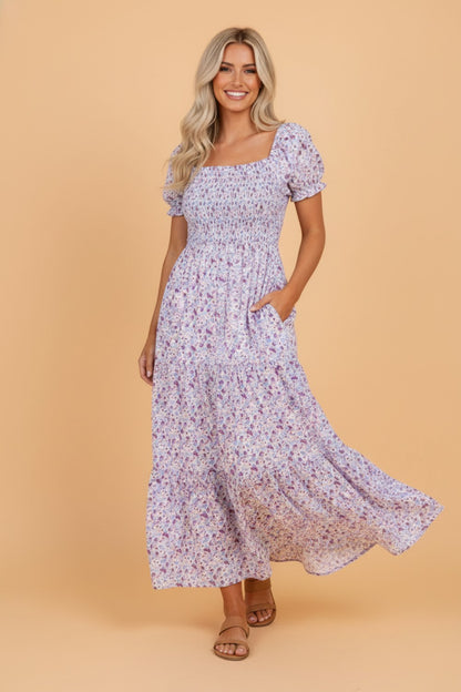 Floral Bubble Sleeve Shirred Waist Maxi Dress