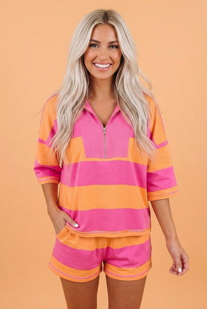Stripe Half Zip Tee & Elastic Shorts Set