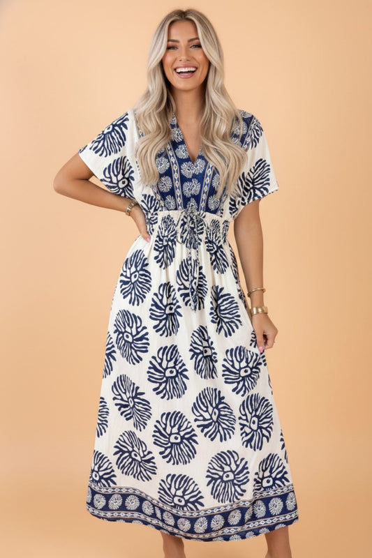 Boho Floral Patchwork V-Neck Dolman Maxi Dress